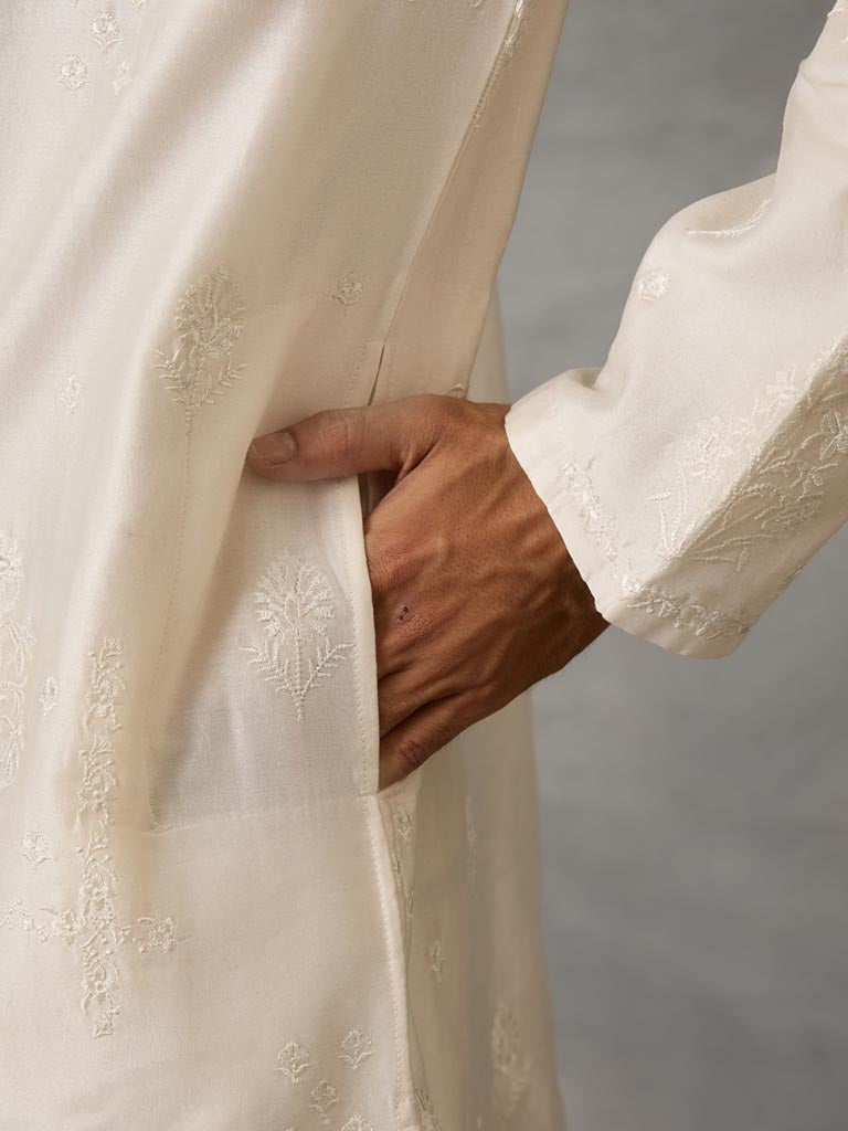 Self-Embroidered Kurta Set  - Off White