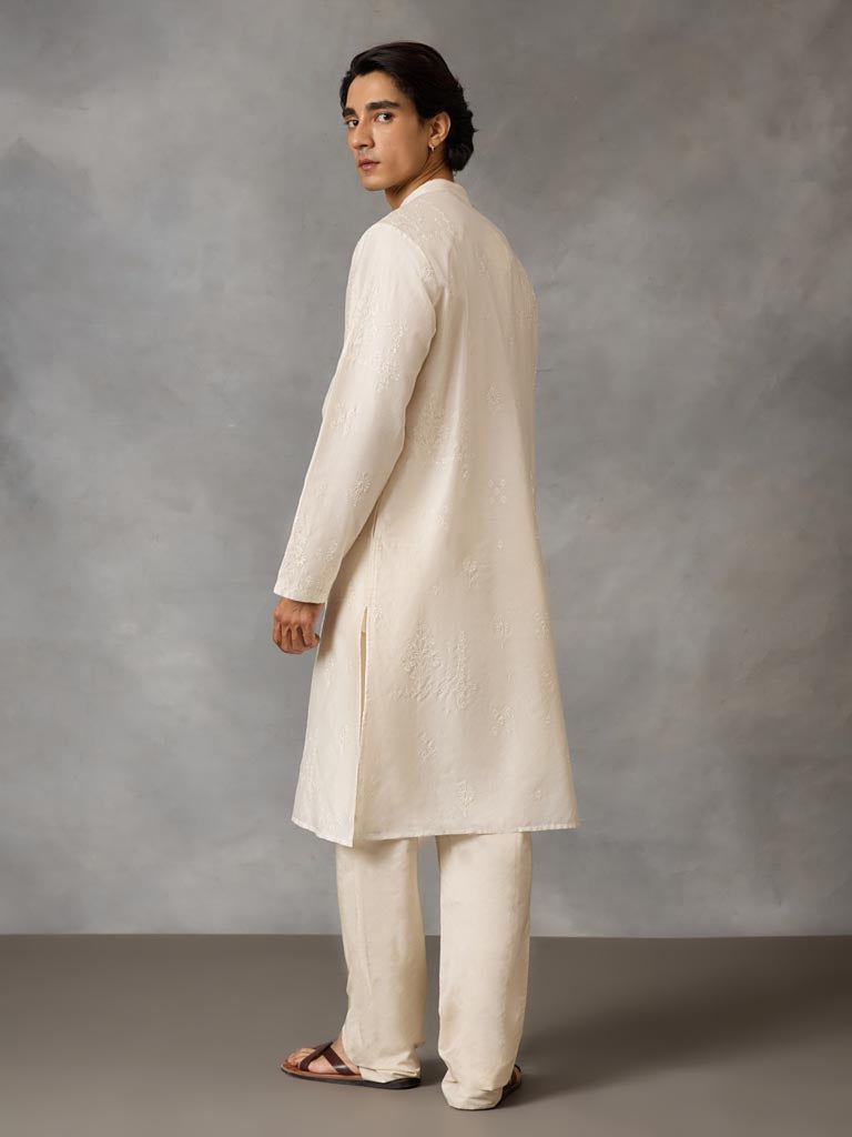 Self-Embroidered Kurta Set  - Off White