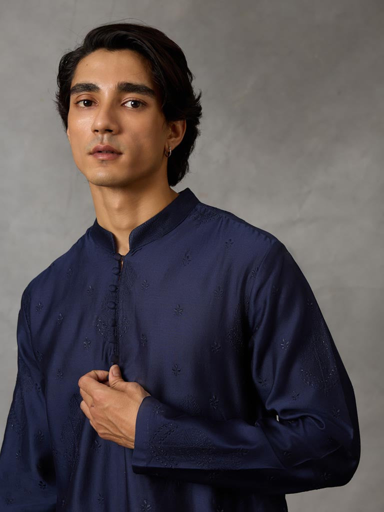 Embroidered Kurta Set - Navy