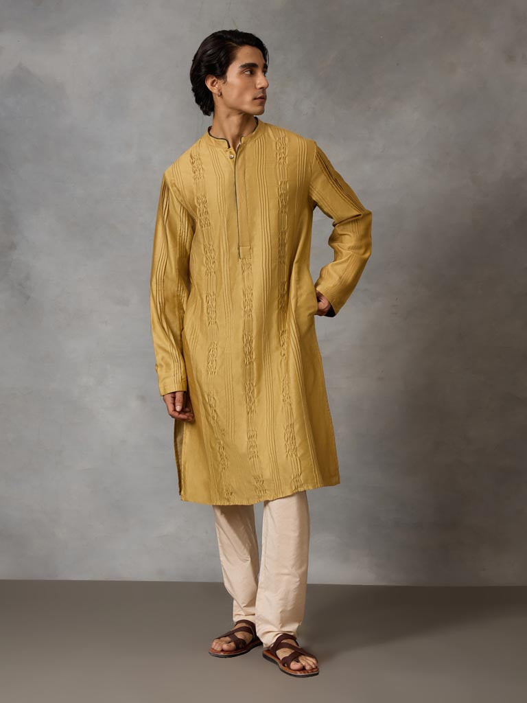 Pintuck Detail Kurta Set - Mustard