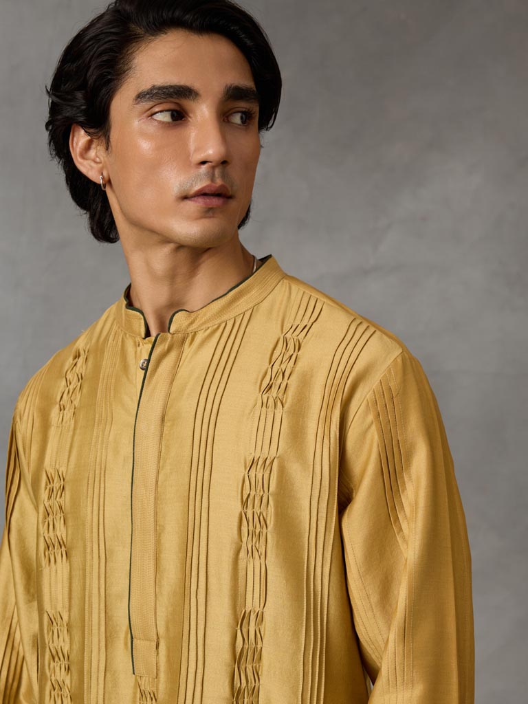 Pintuck Detail Kurta Set - Mustard