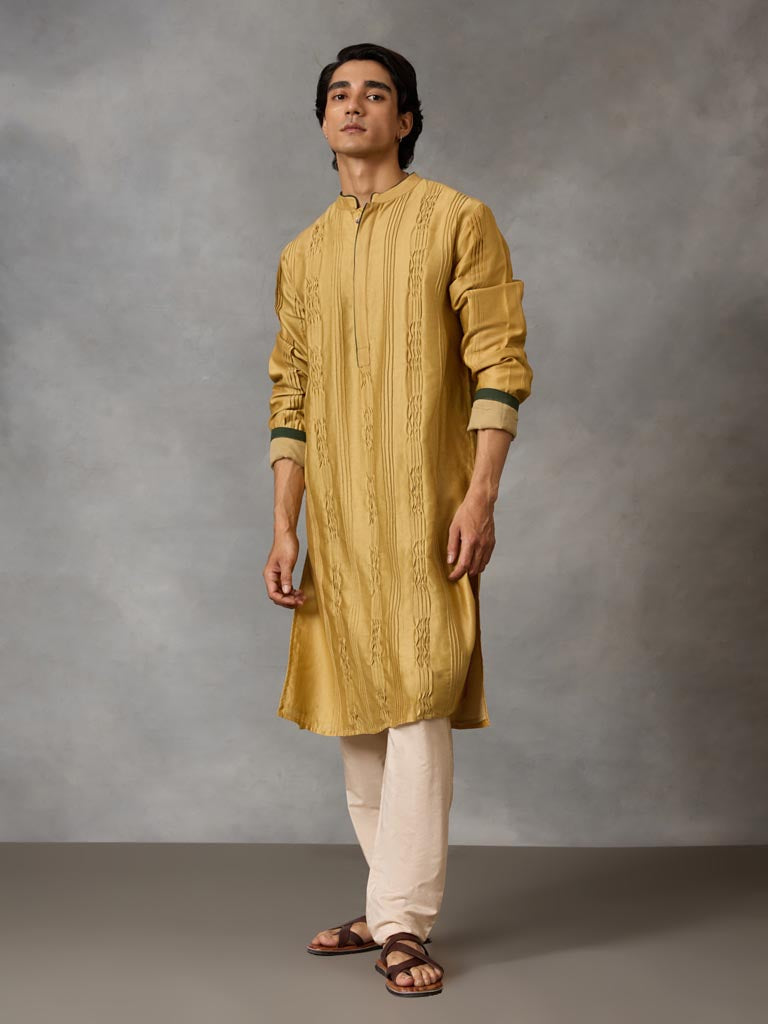 Pintuck Detail Kurta Set - Mustard
