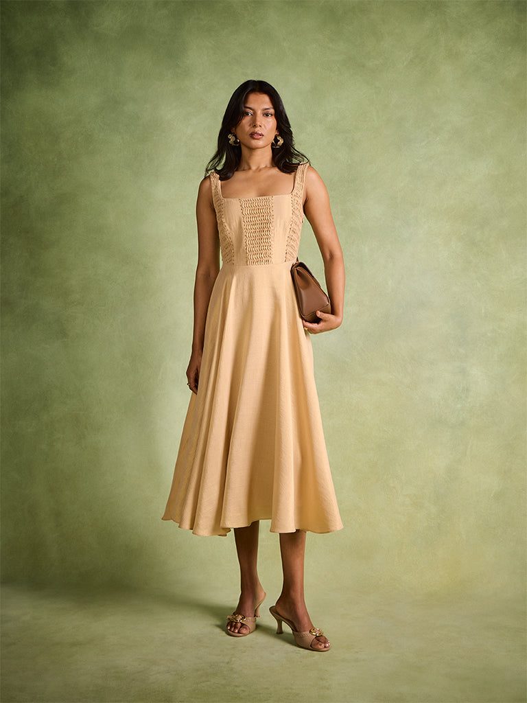 Pintuck Detail Dress – Gold