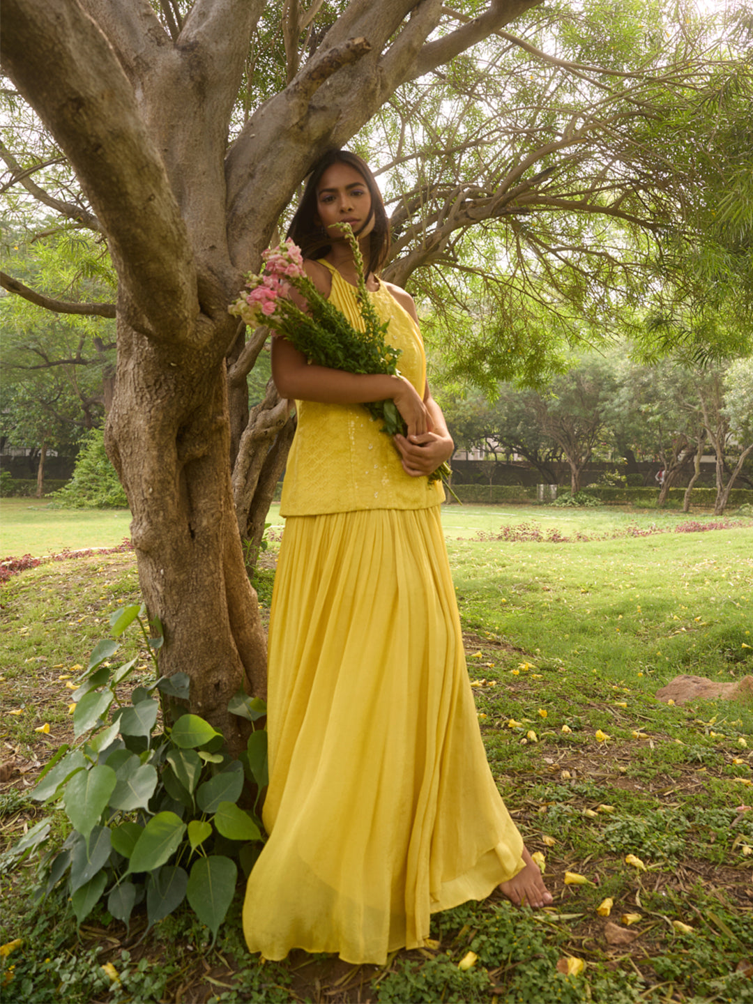 Floral Embroidered Maxi Dress - Lime
