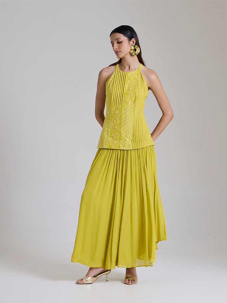 Floral Embroidered Maxi Dress - Lime