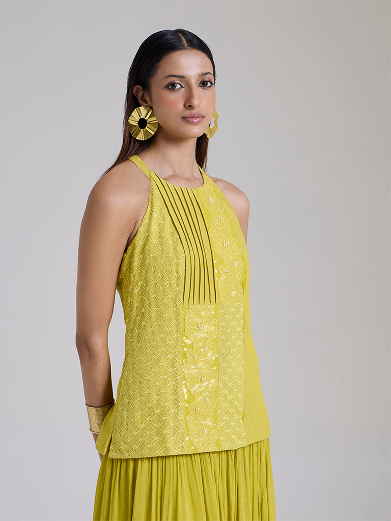 Floral Embroidered Maxi Dress - Lime