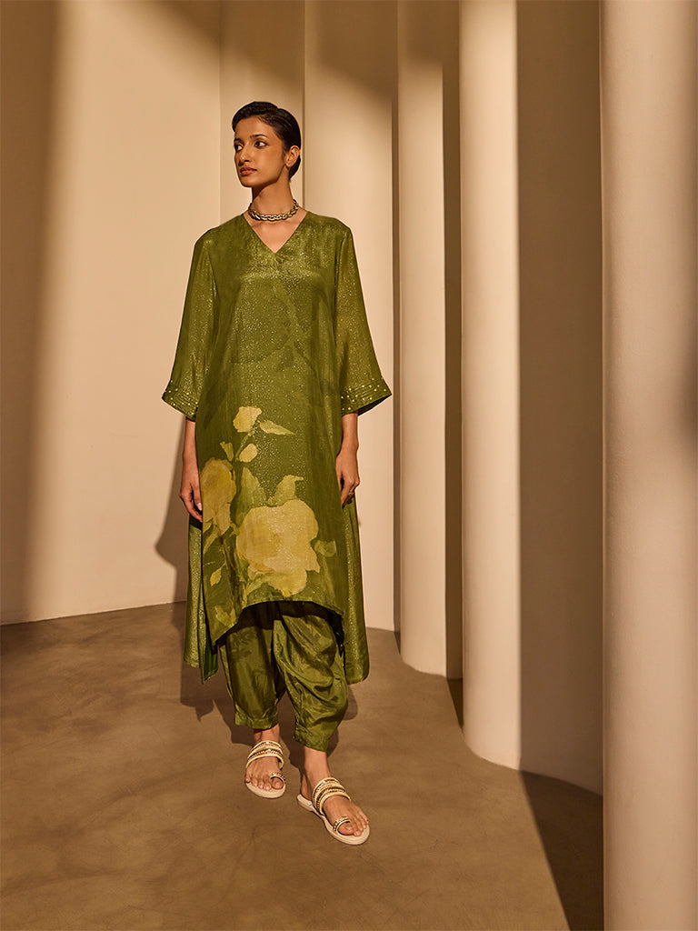 Floral Printed Kurta - Olive