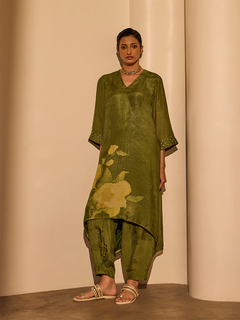 Floral Printed Kurta - Olive