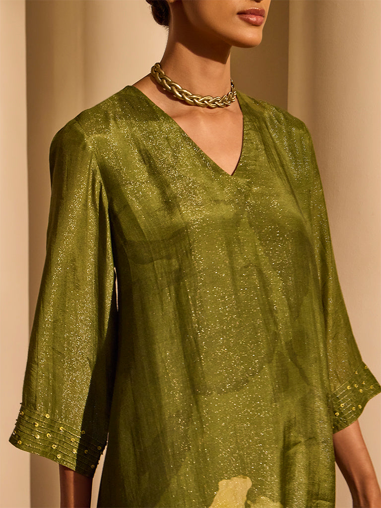 Floral Printed Kurta - Olive