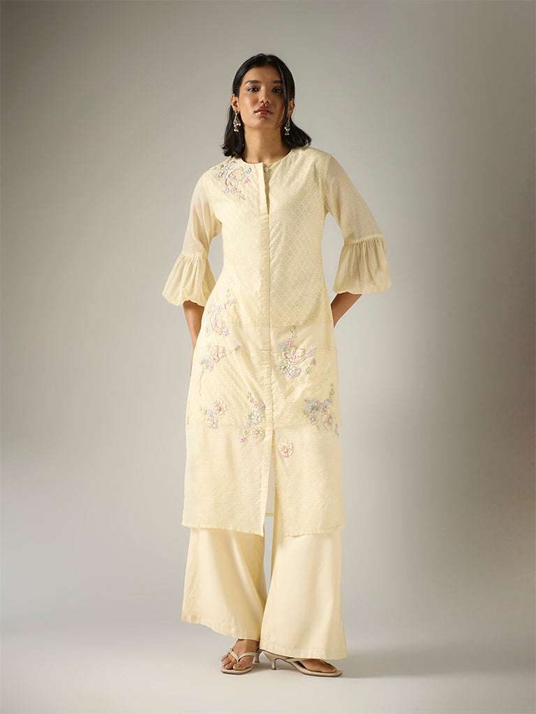 Floral Embroidered Kurta – Cream