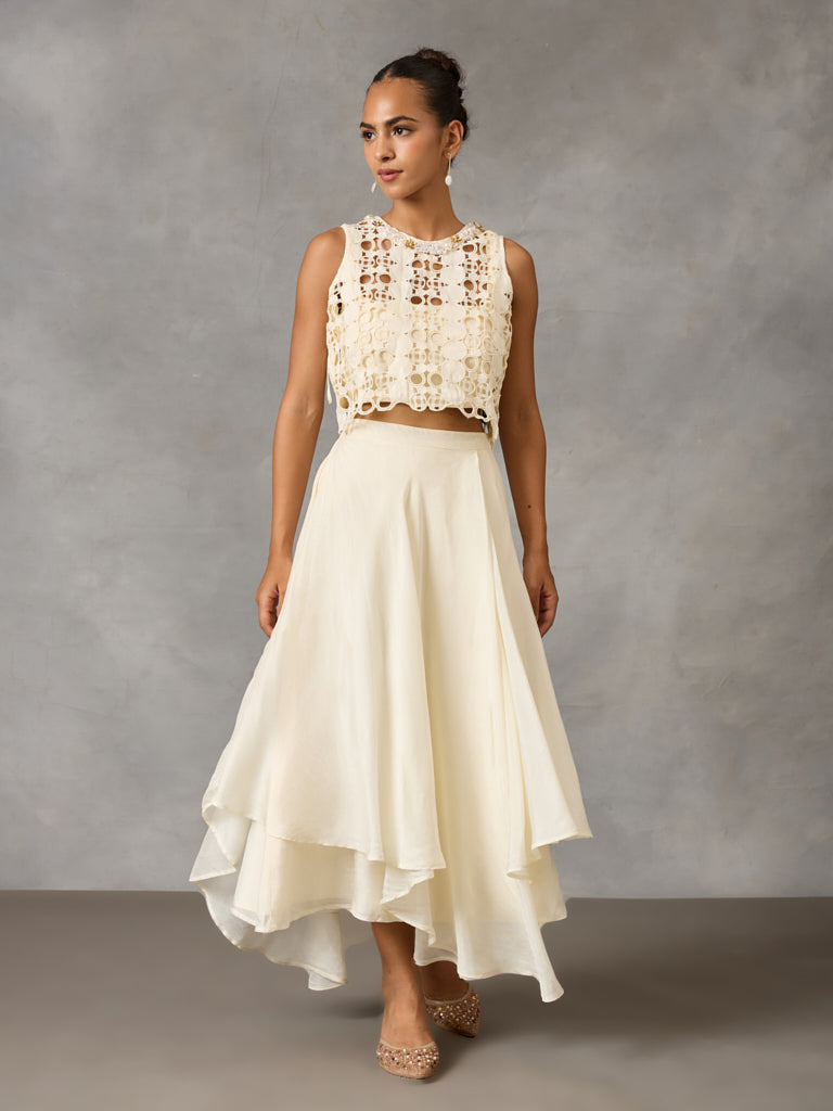 Lace Crop Top with Asymmetric Skirt – White