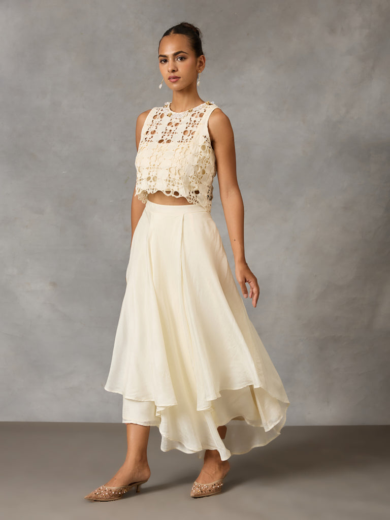 Lace Crop Top with Asymmetric Skirt – White