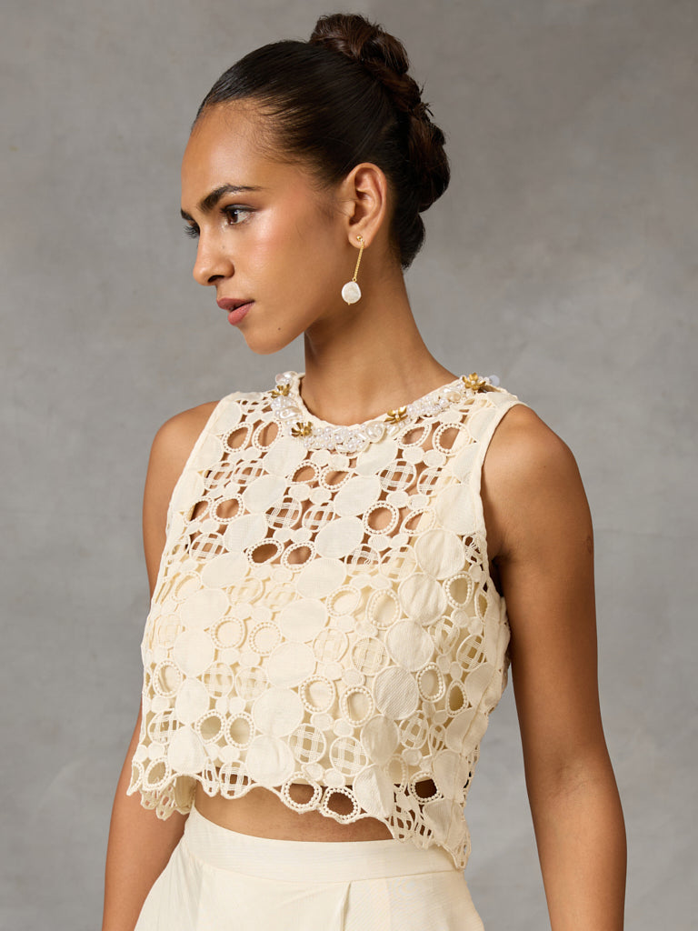 Lace Crop Top with Asymmetric Skirt – White