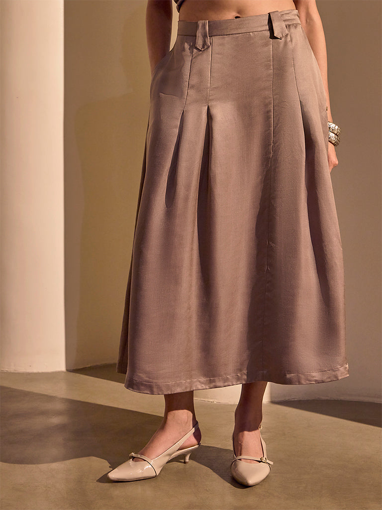 Pleated Midi Skirt – Brown