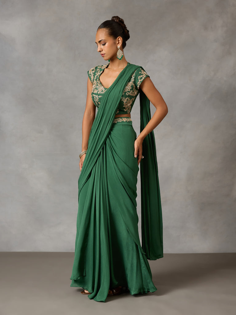 Pre-Draped Saree - Green