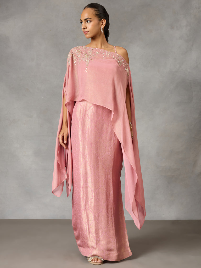Sheer Top with Bustier and Jaquard Skirt - Pink