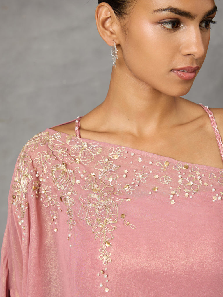 Sheer Top with Bustier and Jaquard Skirt - Pink