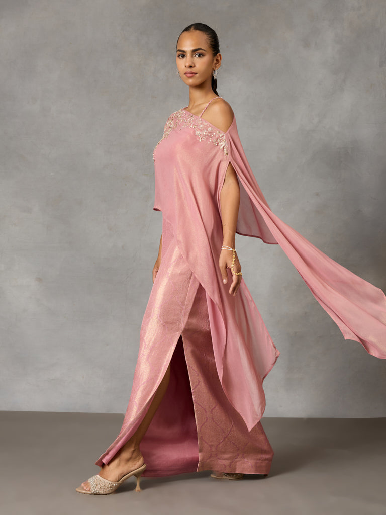 Sheer Top with Bustier and Jaquard Skirt - Pink
