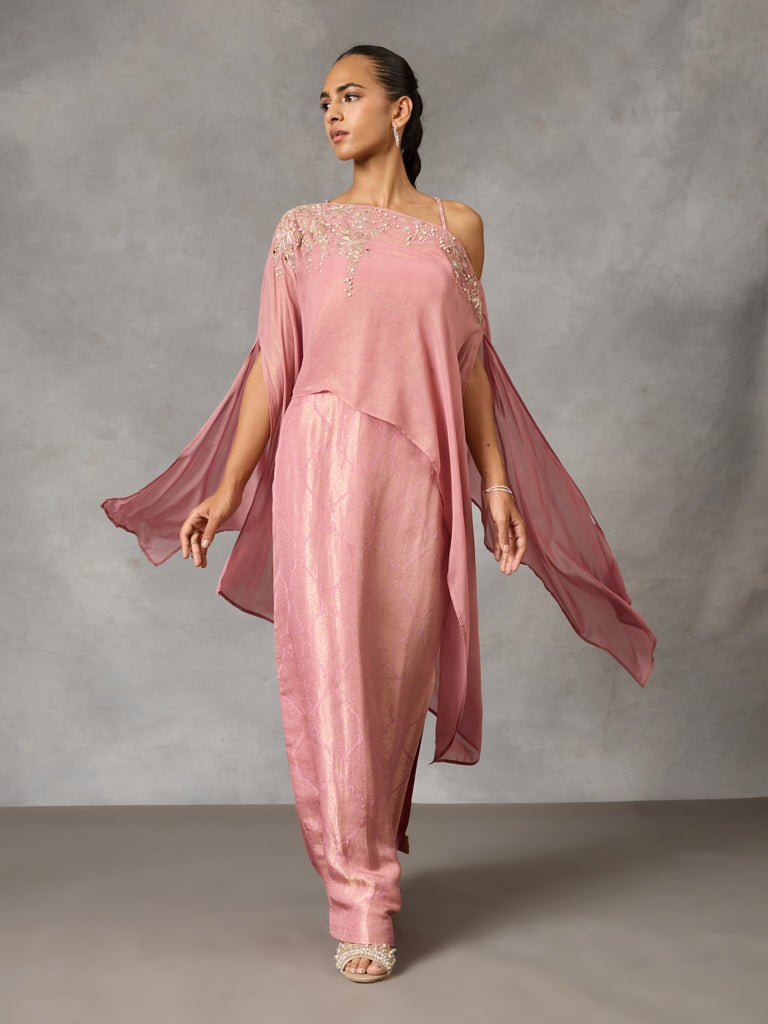 Sheer Top with Bustier and Jaquard Skirt - Pink
