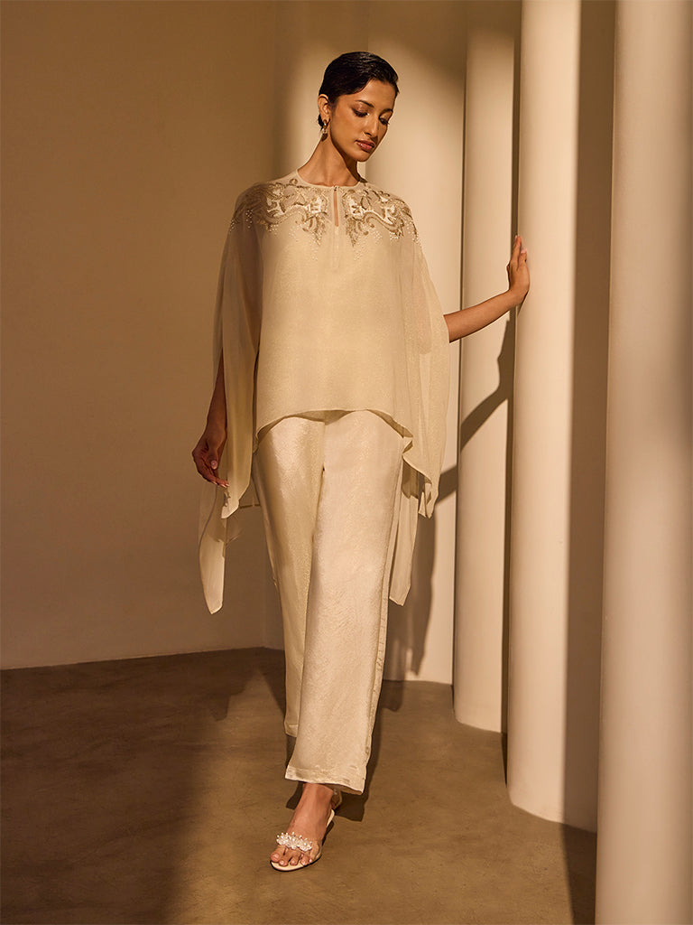 Embellished Cape Top with Camisole – Cream
