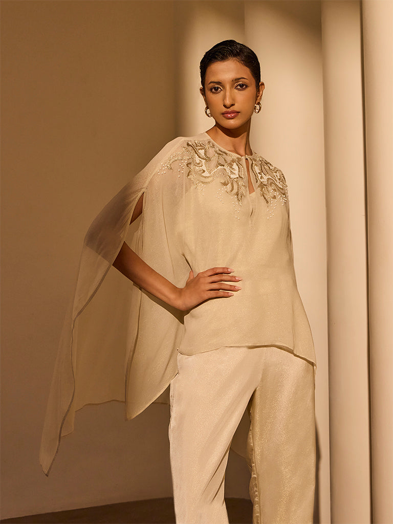 Embellished Cape Top with Camisole – Cream