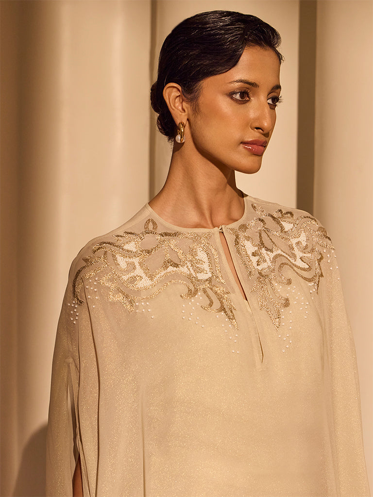 Embellished Cape Top with Camisole – Cream