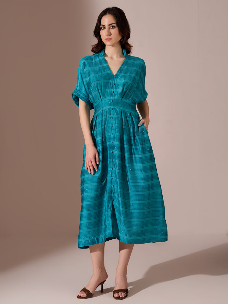 Printed Midi Shirt Dress – Teal