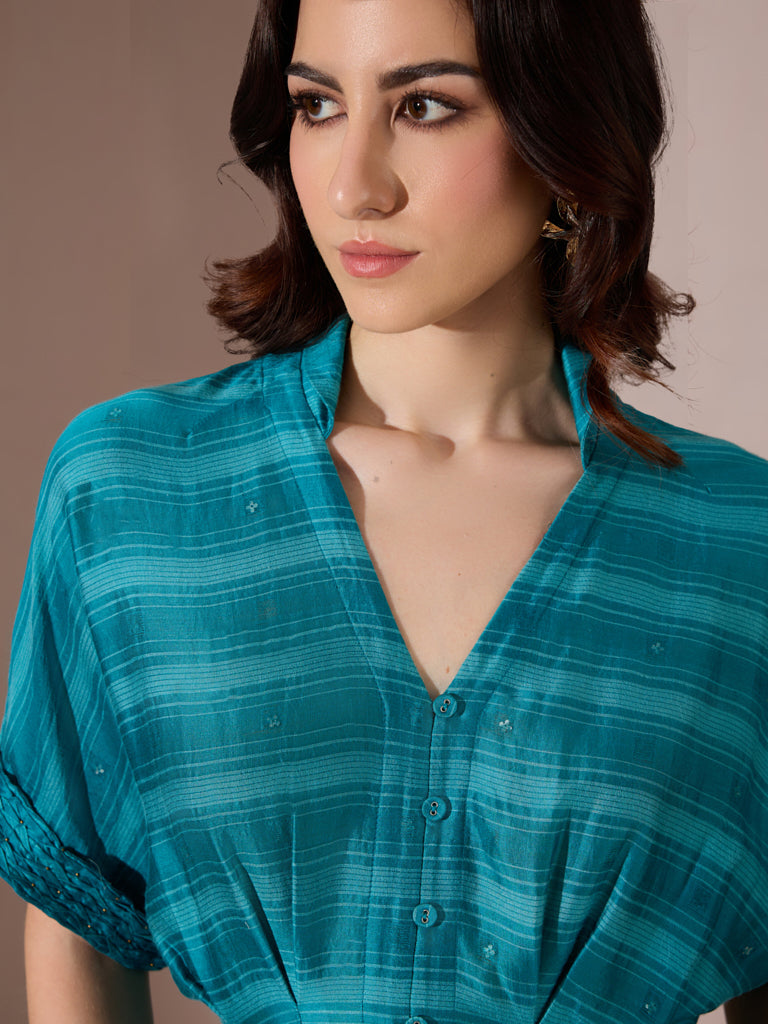 Printed Midi Shirt Dress – Teal