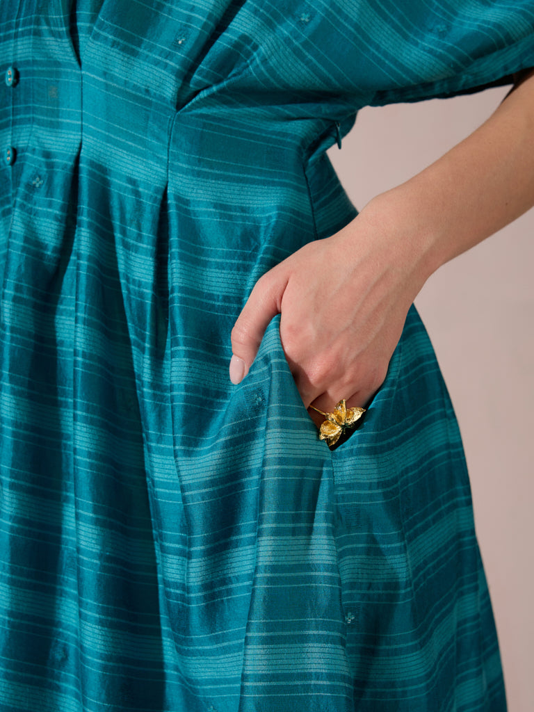 Printed Midi Shirt Dress – Teal