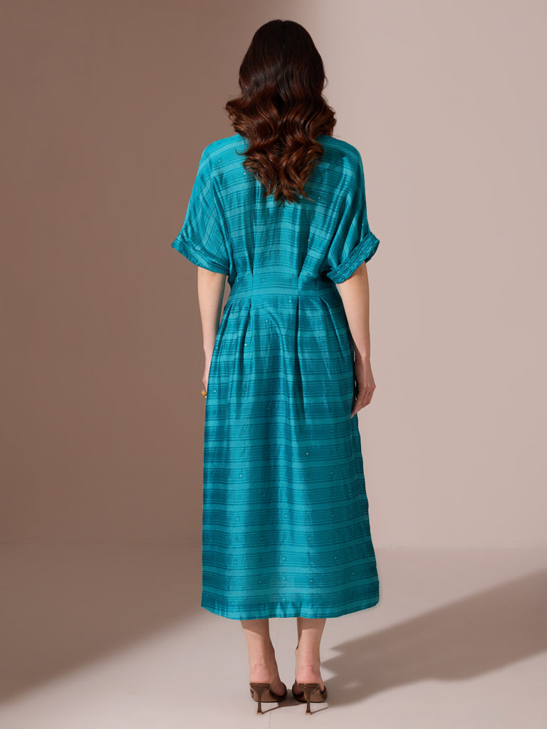 Printed Midi Shirt Dress – Teal