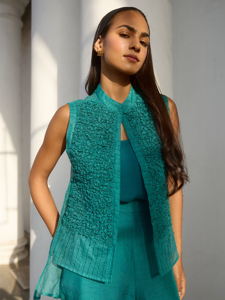 Textured Jacket and Pants Co-ord Set – Teal