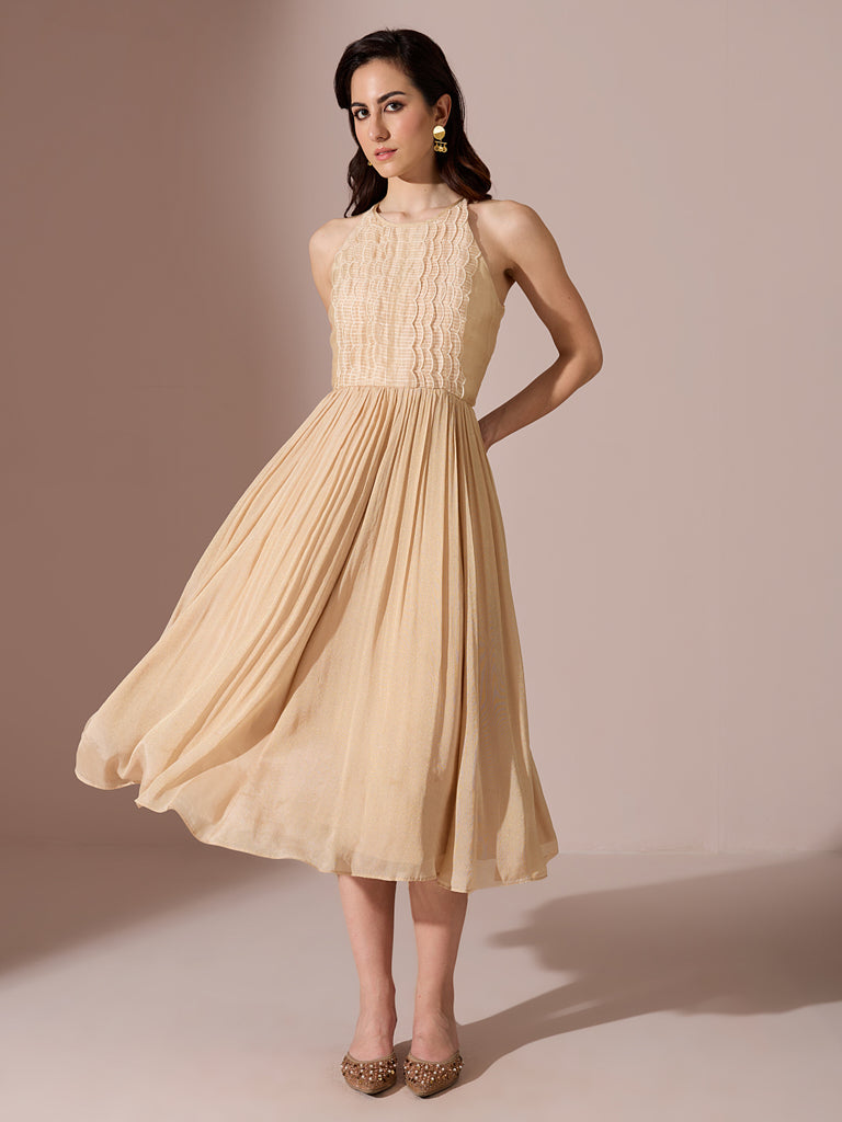 Organza Dress with Cut-Out Back – Beige