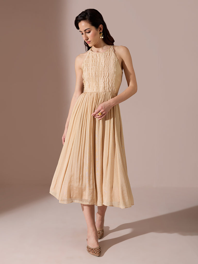 Organza Dress with Cut-Out Back – Beige