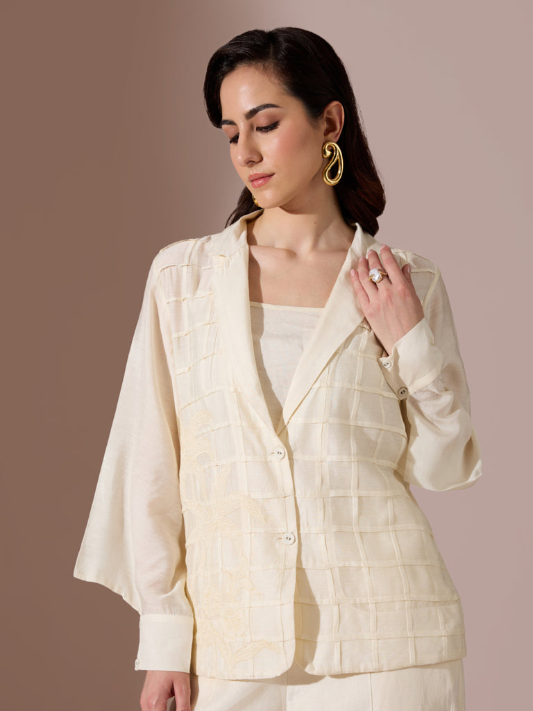 Embroidered Appliqué Jacket with Camisole – White