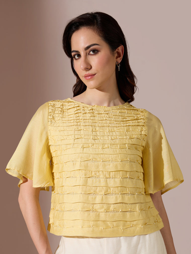 Pleated Chanderi Top - Yellow