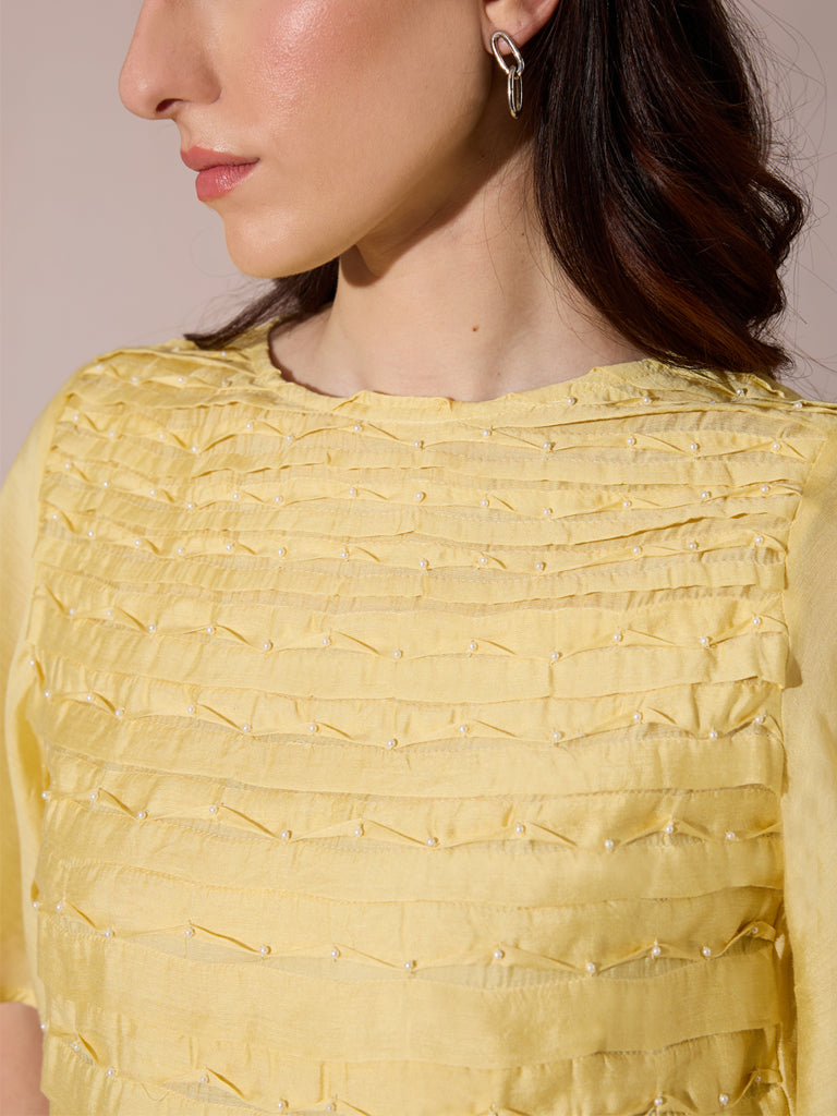 Samoh Pleated Chanderi Top - Yellow