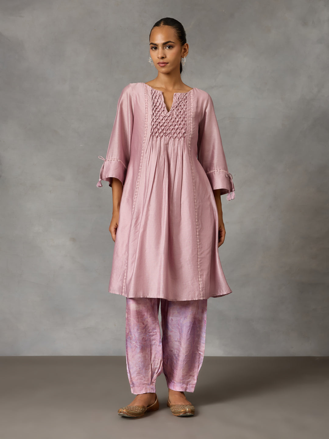 Pintucked Kurta with Printed Pants – Purple