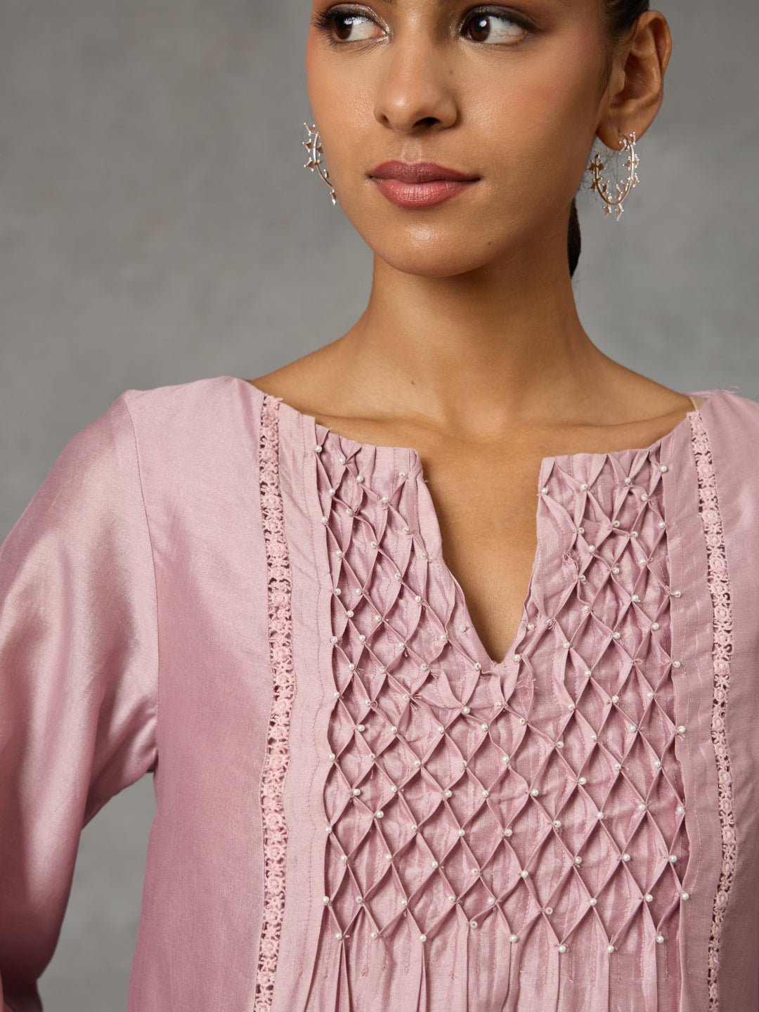 Pintucked Kurta with Printed Pants – Purple