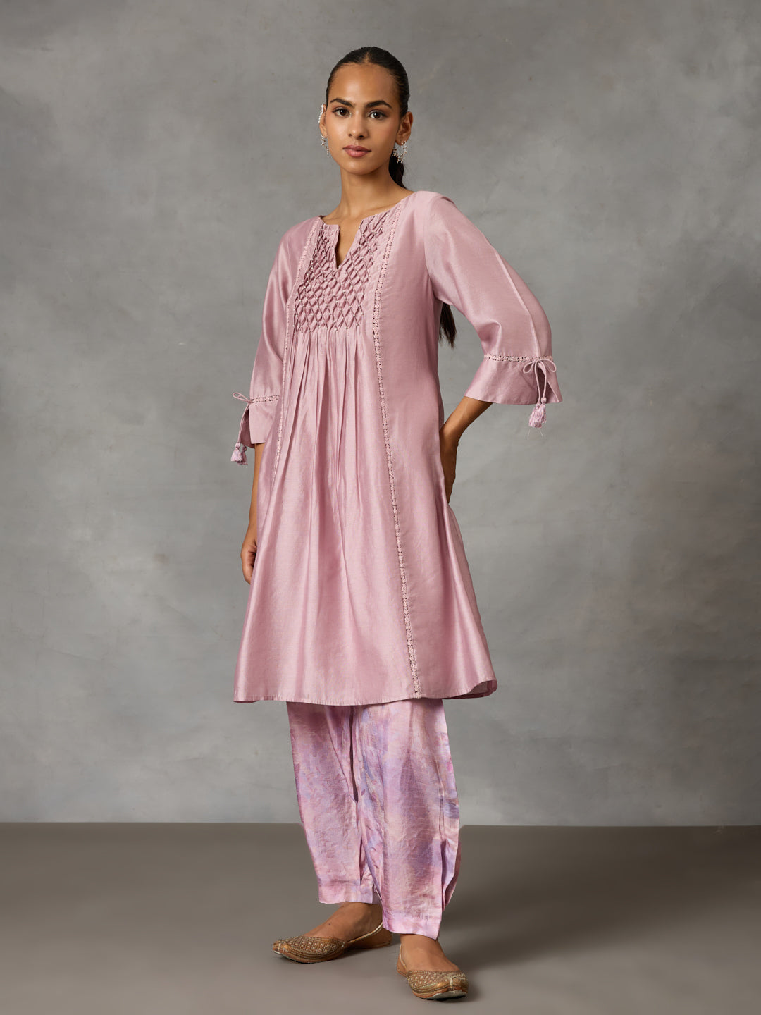 Pintucked Kurta with Printed Pants – Purple