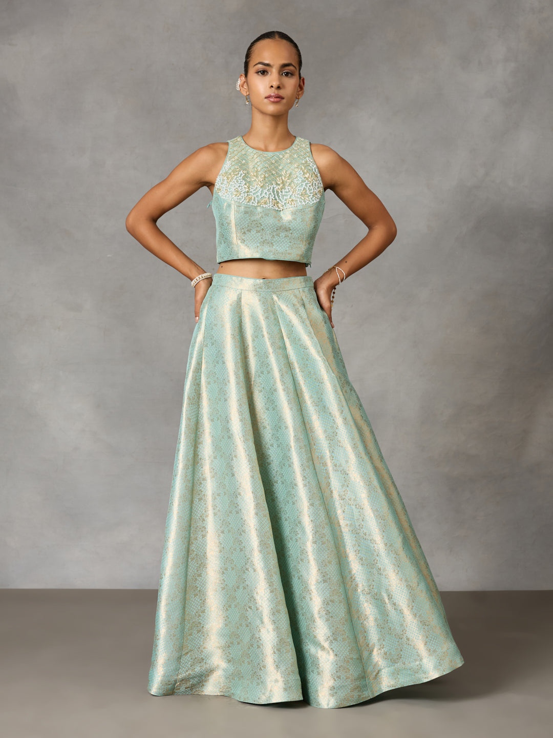 Embroidered Jacquard Blouse with Circular Skirt – Blue