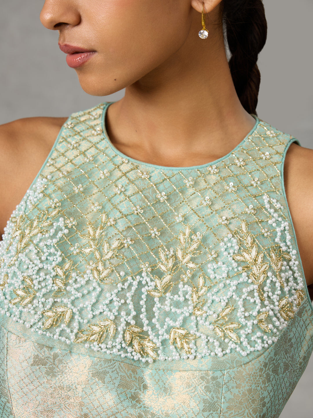Embroidered Jacquard Blouse with Circular Skirt – Blue