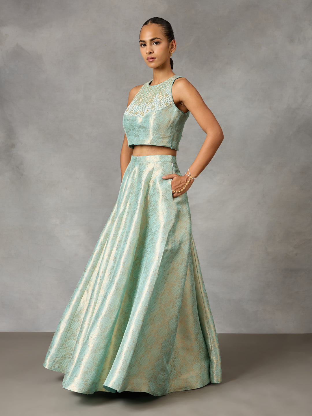 Embroidered Jacquard Blouse with Circular Skirt – Blue