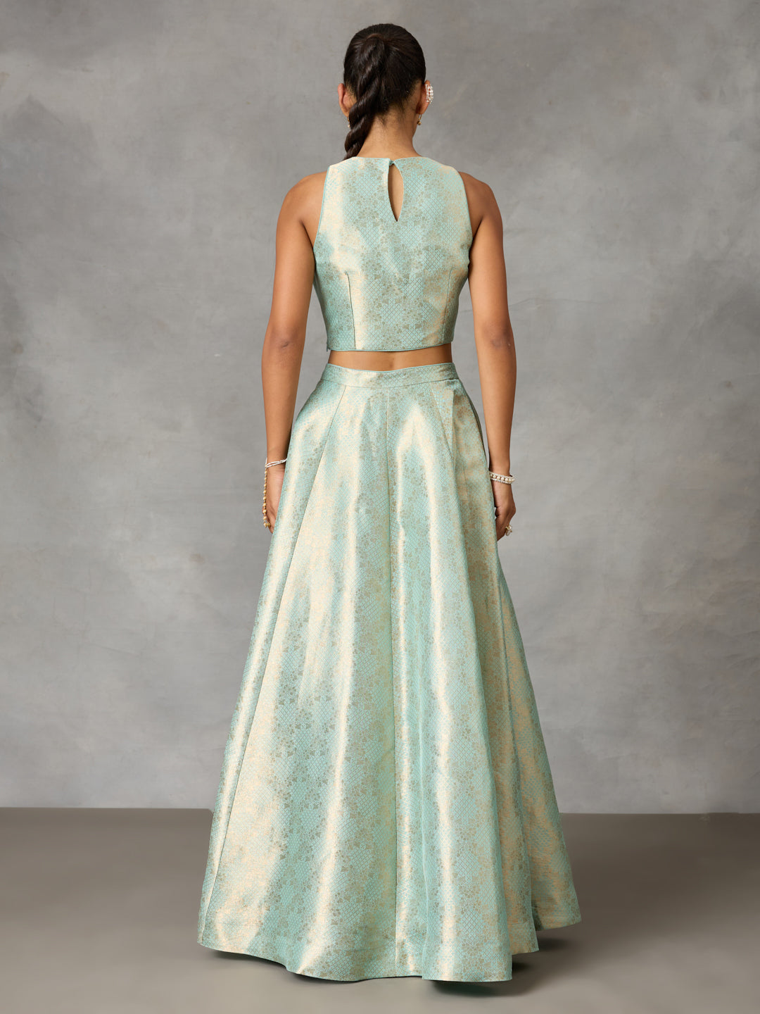 Embroidered Jacquard Blouse with Circular Skirt – Blue