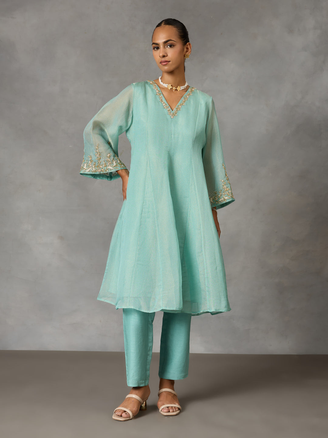 Embroidered A-Line Kurta – Blue