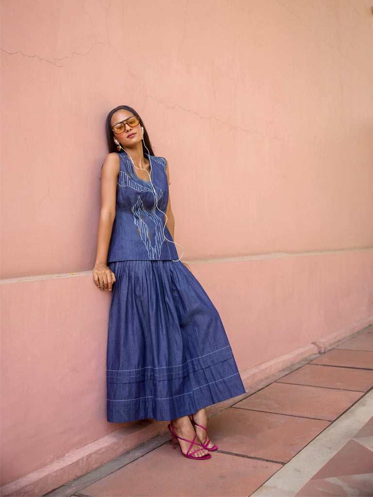 Denim Pintuck Skirt - Blue