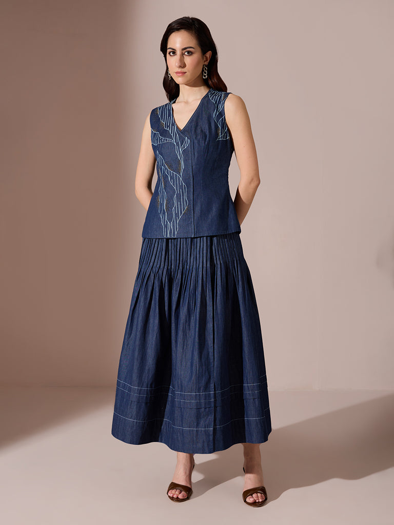 Denim Pintuck Skirt - Blue
