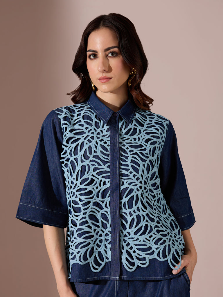 Lace Denim Shirt - Blue