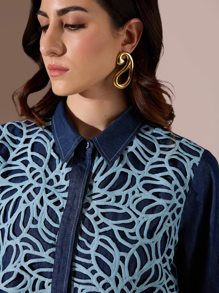 Lace Denim Shirt - Blue