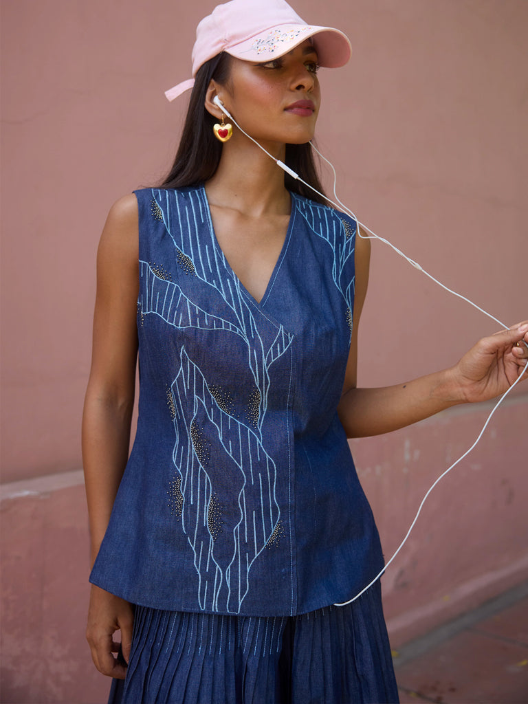 Embroidered Denim Top - Blue