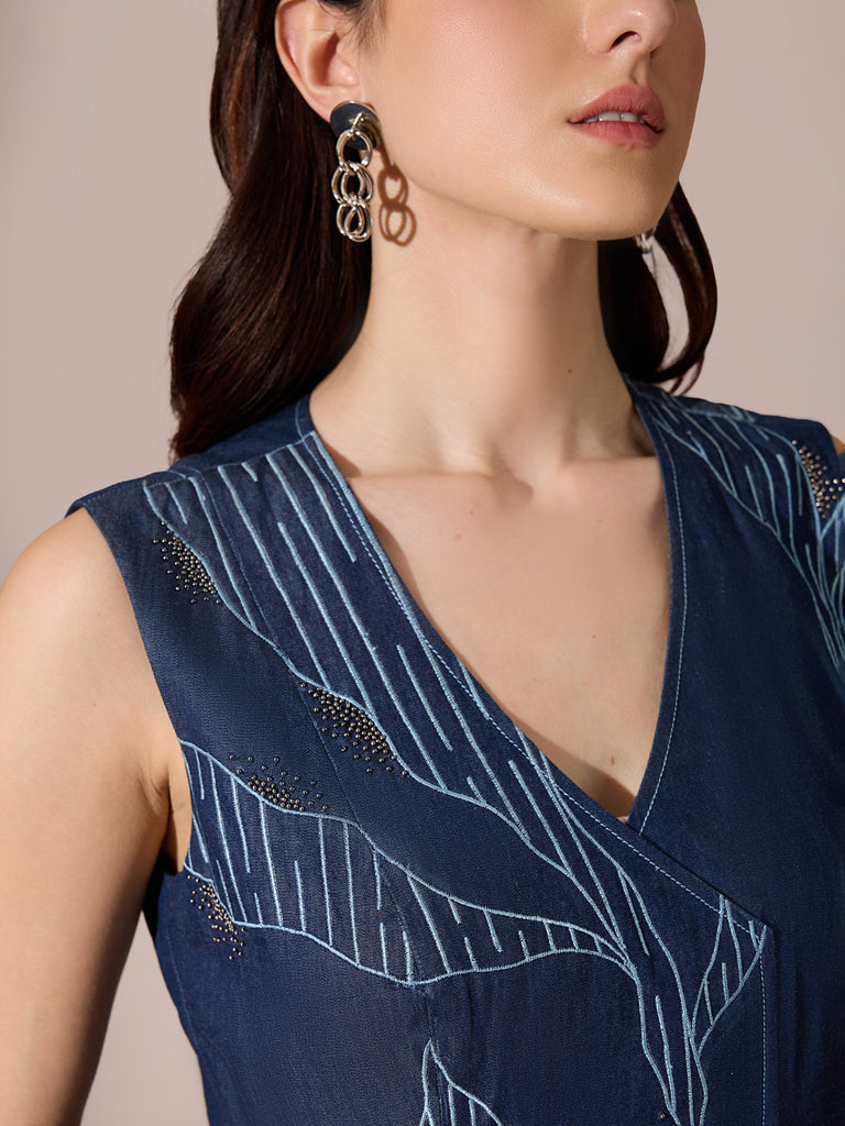 Embroidered Denim Top - Blue